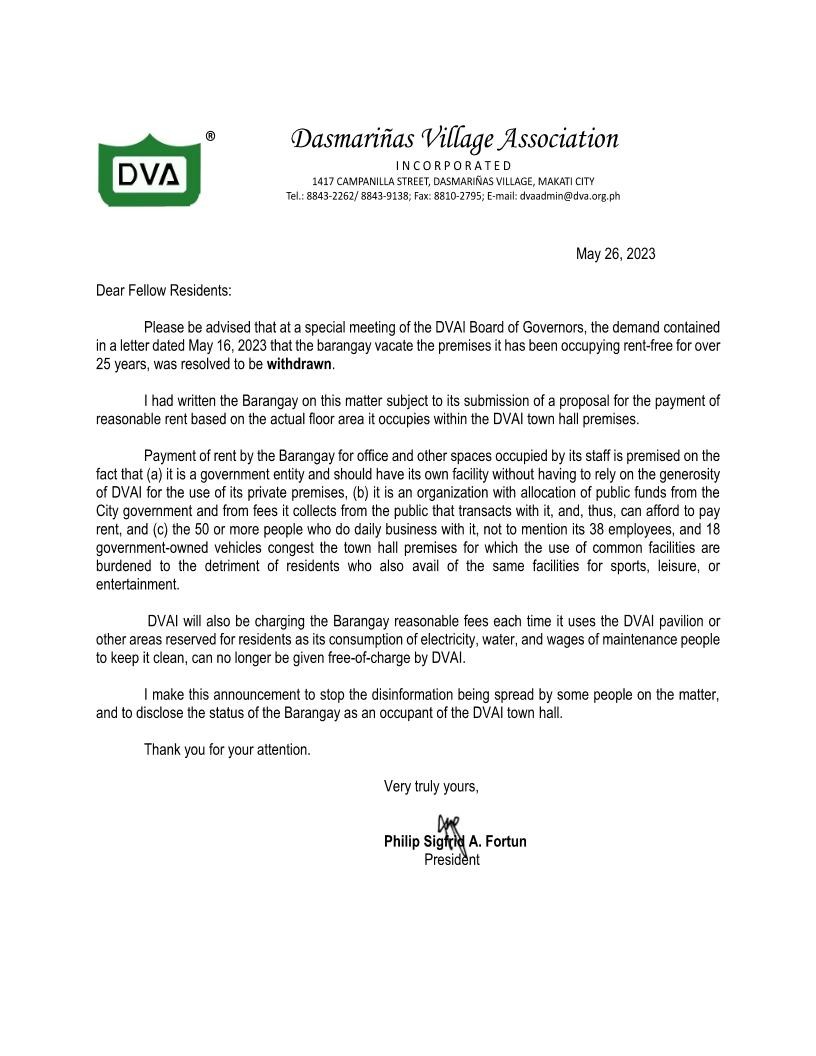 Letter to Residents from DVA President - Dasmariñas Village