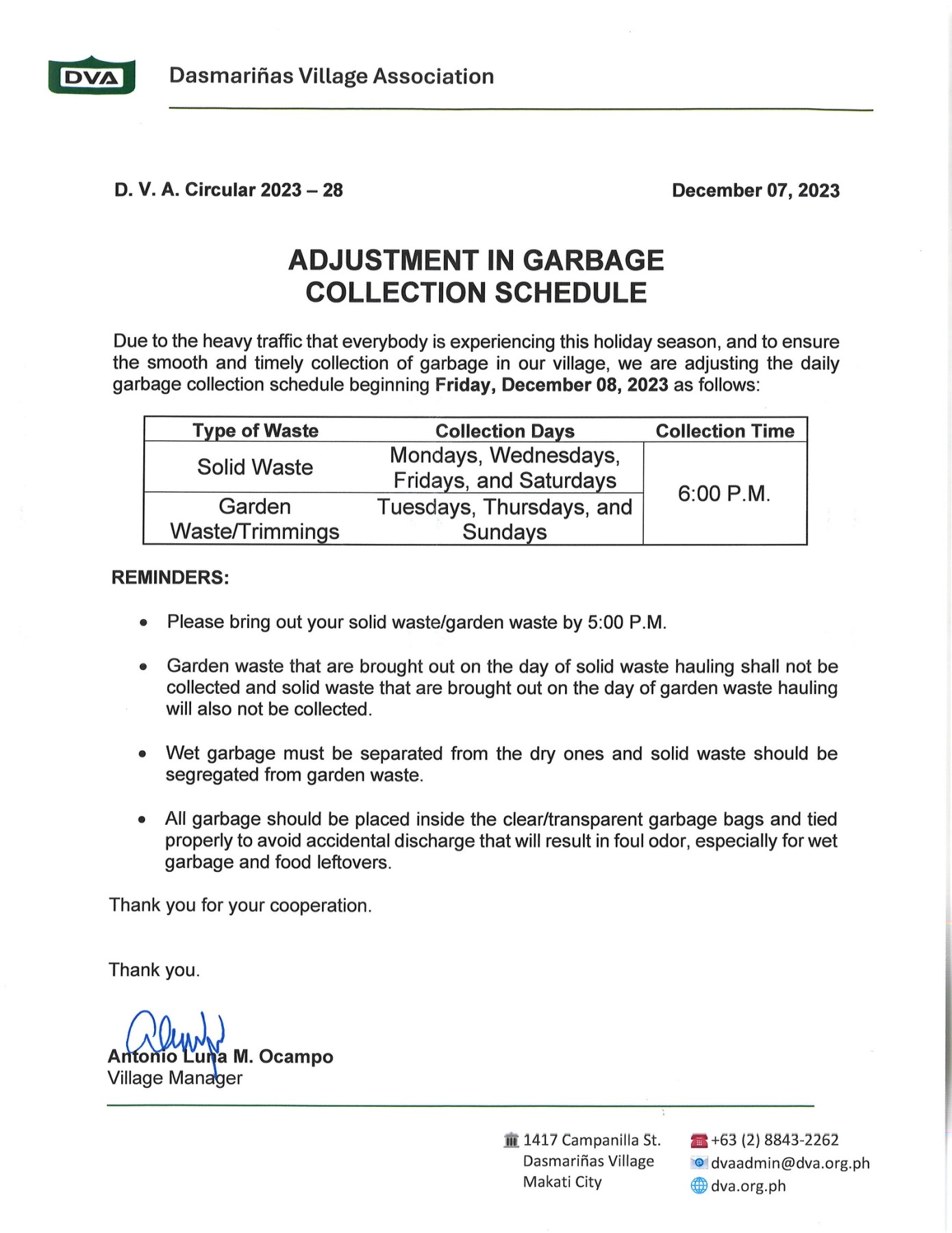 Circular 202328 Adjustment in Garbage Collection Schedule