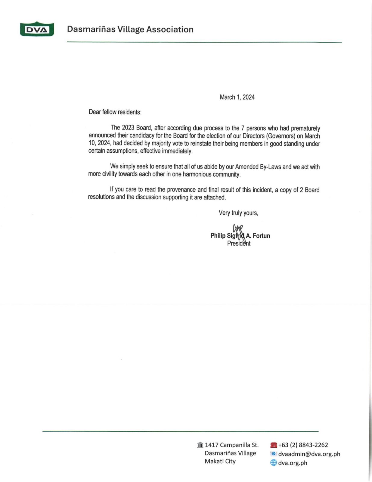 Message from DVA President Atty. Philip Sigfrid Fortun - Dasmariñas Village