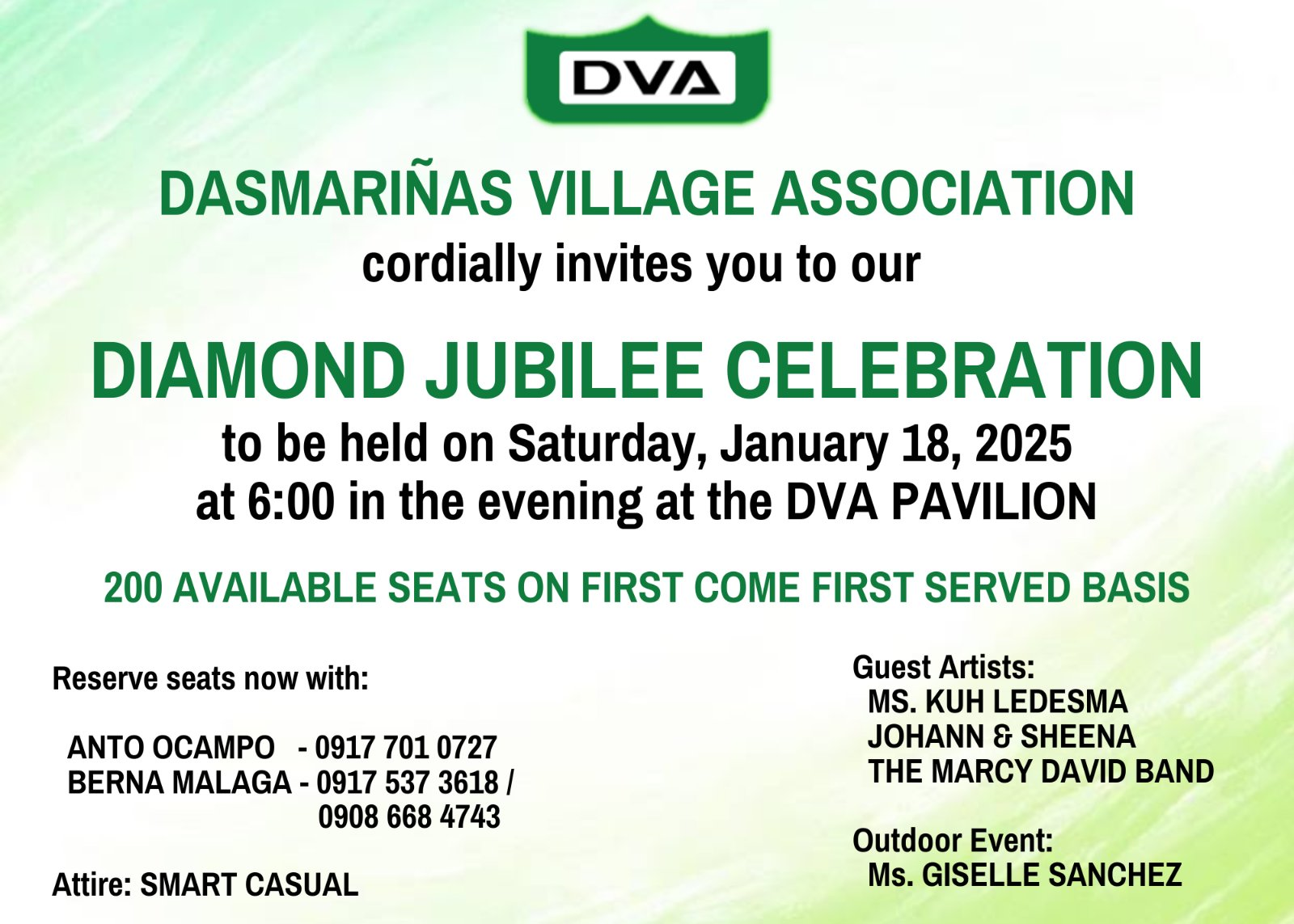 Invitation to DVA Diamond Jubilee Celebration on January 18, 2025